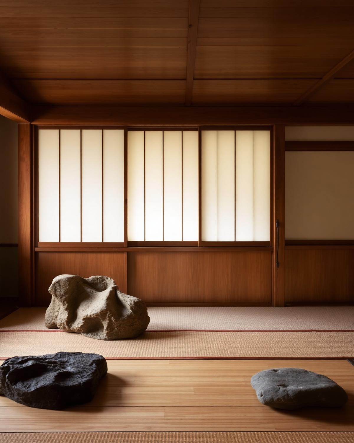Traditional Japanese wabi-sabi interior with shoji screens and tatami