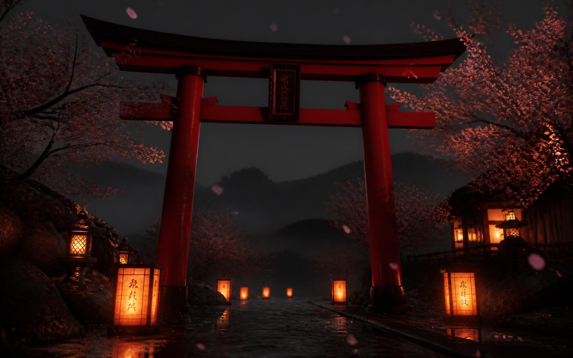 Traditional red Japanese Torii gate at dusk with paper lanterns and cherry blossoms